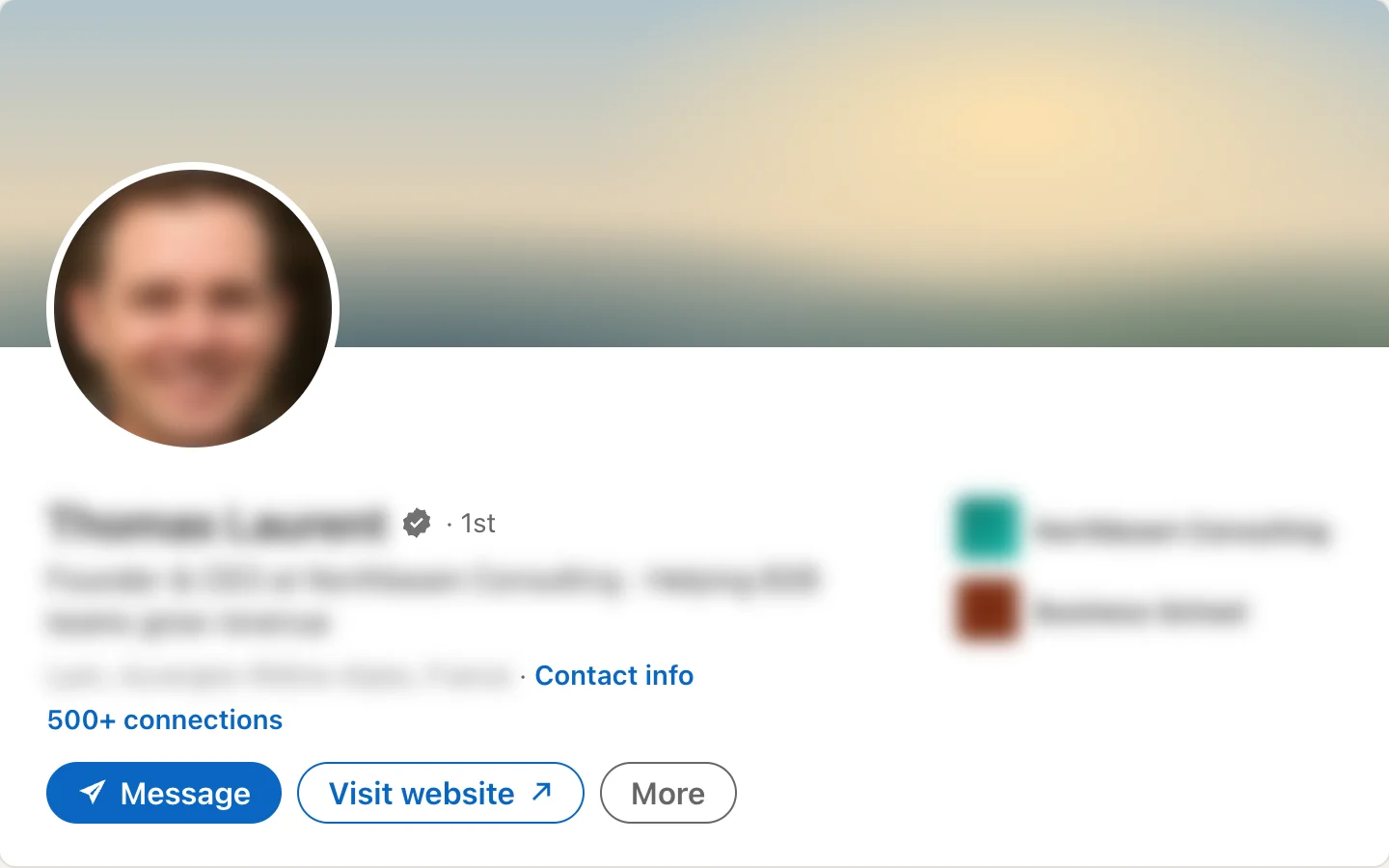 A LinkedIn profile, name and photo blurred.
